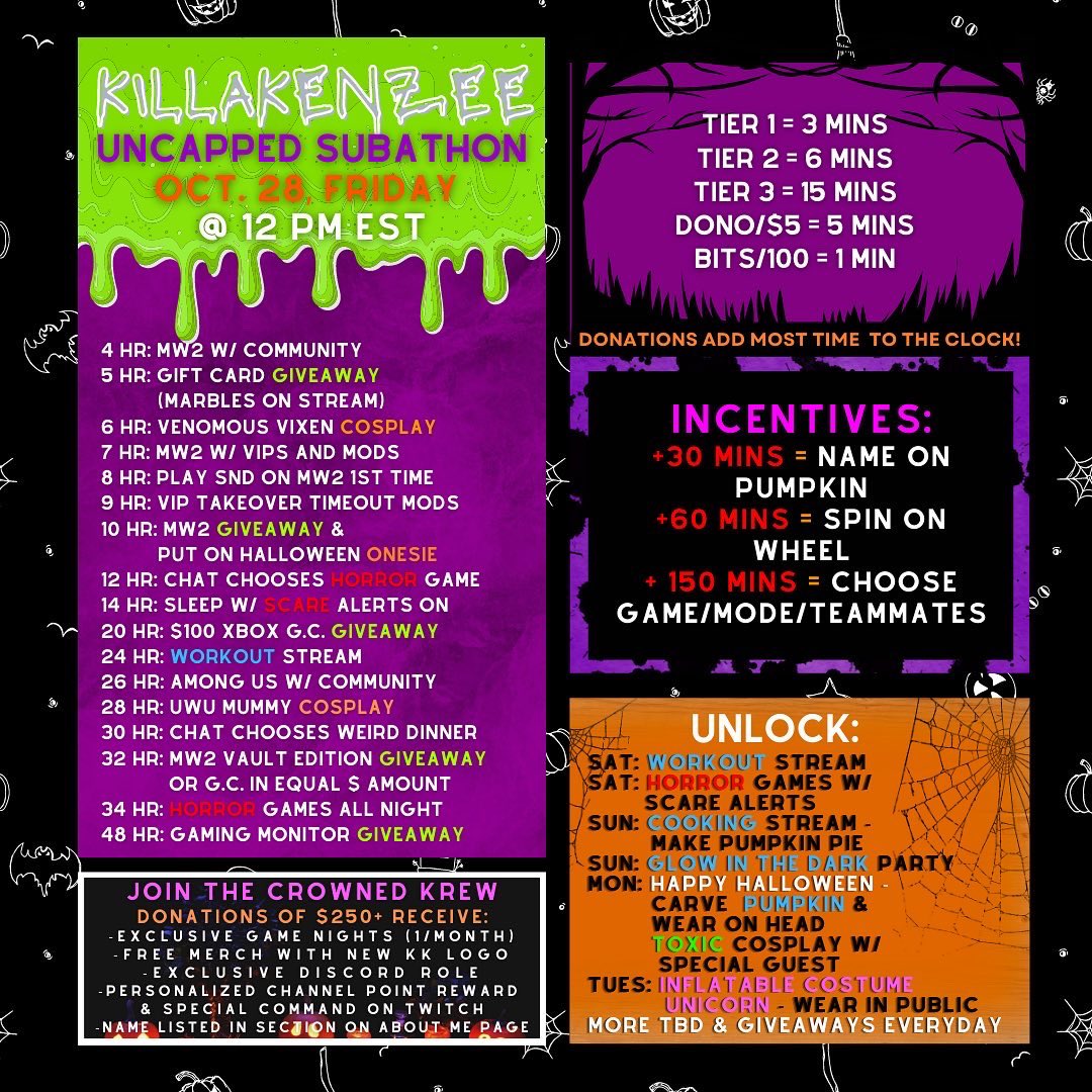 KillaKenzee's tweet image. The details of the Subathon are out now! Items are subject to change. Can’t wait! 🎃🧙‍♀️👻💀 peek the unlockable activities and the 48hour goal 👀
.
Twitch.tv/killaKenzee 
.
#halloween #subathon #streamer #halloweendecor #twitch #twitchstreamer