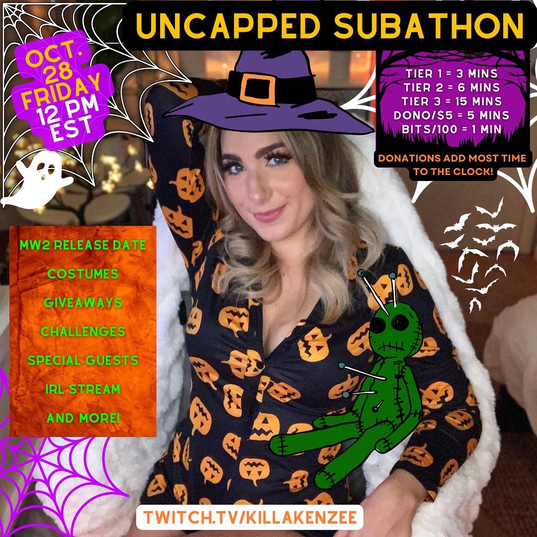 KillaKenzee's tweet image. The details of the Subathon are out now! Items are subject to change. Can’t wait! 🎃🧙‍♀️👻💀 peek the unlockable activities and the 48hour goal 👀
.
Twitch.tv/killaKenzee 
.
#halloween #subathon #streamer #halloweendecor #twitch #twitchstreamer