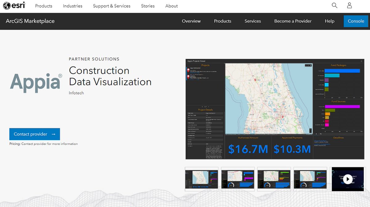 Our Esri Silver Partner has posted a new #ArcGIS Marketplace listing titled, Appia - Construction Data Visualization by Infotech, Inc #construction ow.ly/sMbm1048JHZ