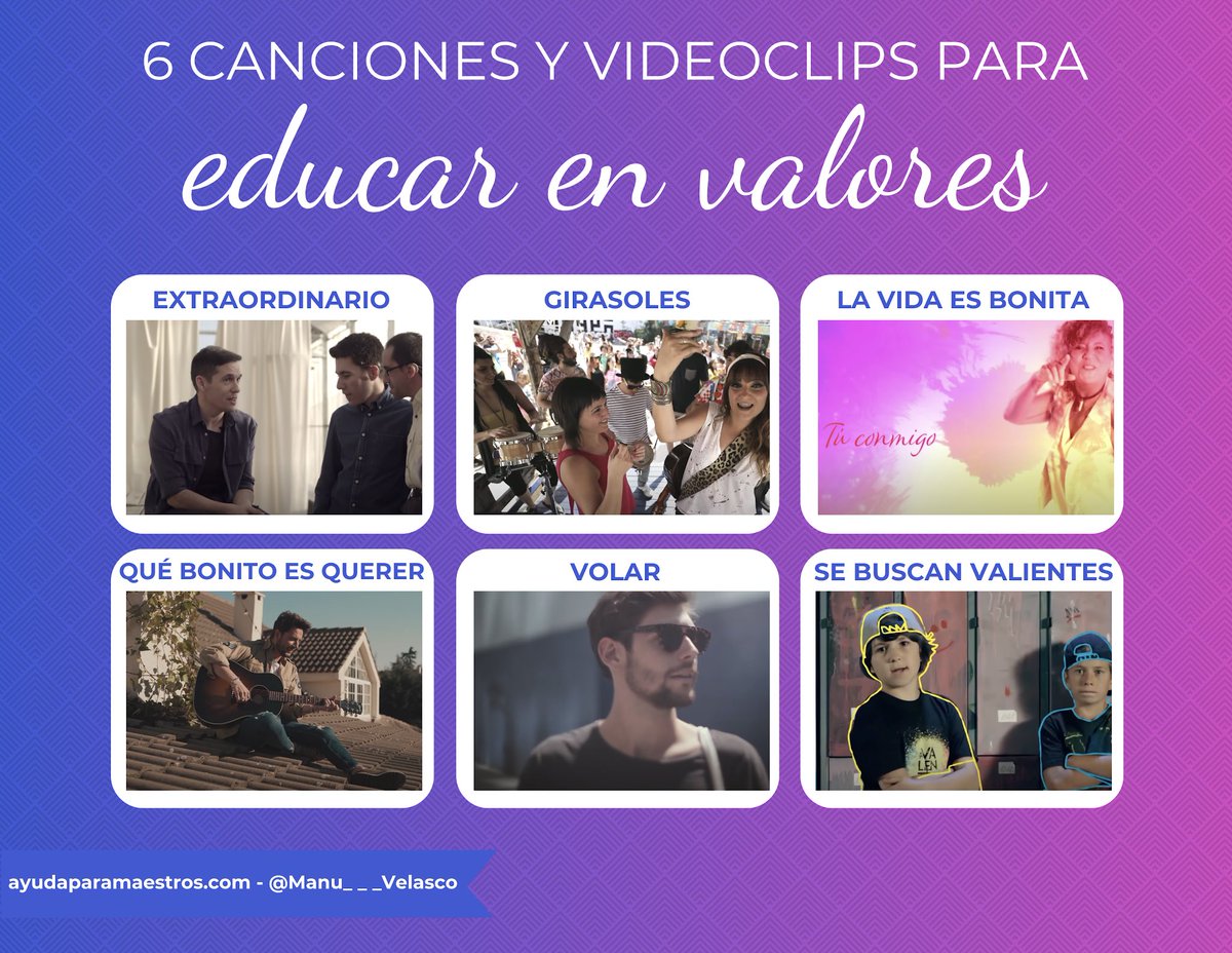 Manu___Velasco's tweet photo. 🎥 6 canciones y videoclips para educar en valores. 👉 https://t.co/Lsm02ADDAe https://t.co/odBmlm4GrD