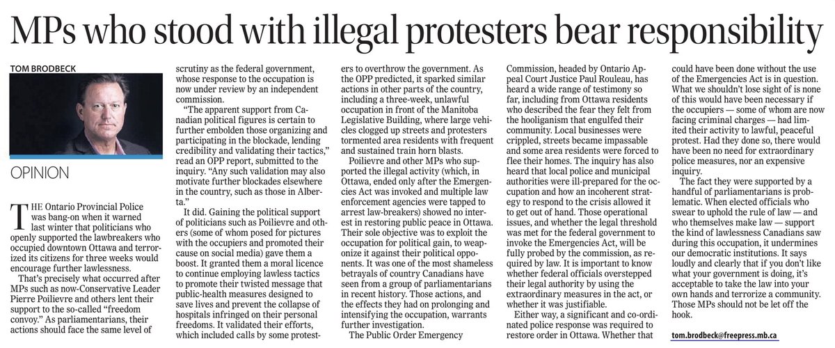 DougEyolfson's tweet photo. Great piece from @tombrodbeck in the morning’s Wpg Free Press. CPC caucus members encouraged dangerous and unlawful activity. In Mr Brodbeck’s words “It was one of the most shameless betrayals of country Canadians have seen from a group of parliamentarians in recent history.” https://t.co/BIaKud4vSc
