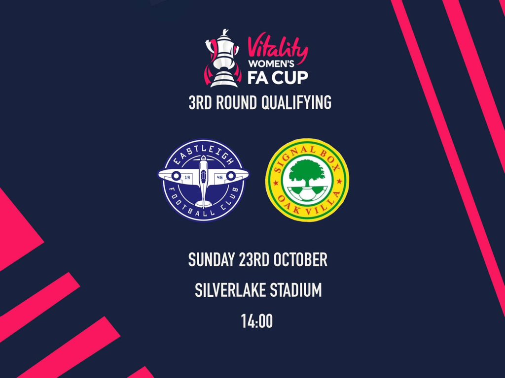Tomorrow we travel to Eastleigh for the 3rd qualifying round of the Women’s FA Cup 🤩

📅 Sunday 23rd October 
🆚<a href="/EastleighLFC/">Eastleigh Women</a> 
⏰ 2pm KO 
📍 The Silverlake Stadium 
💷 Adults £3 / Concessions £1