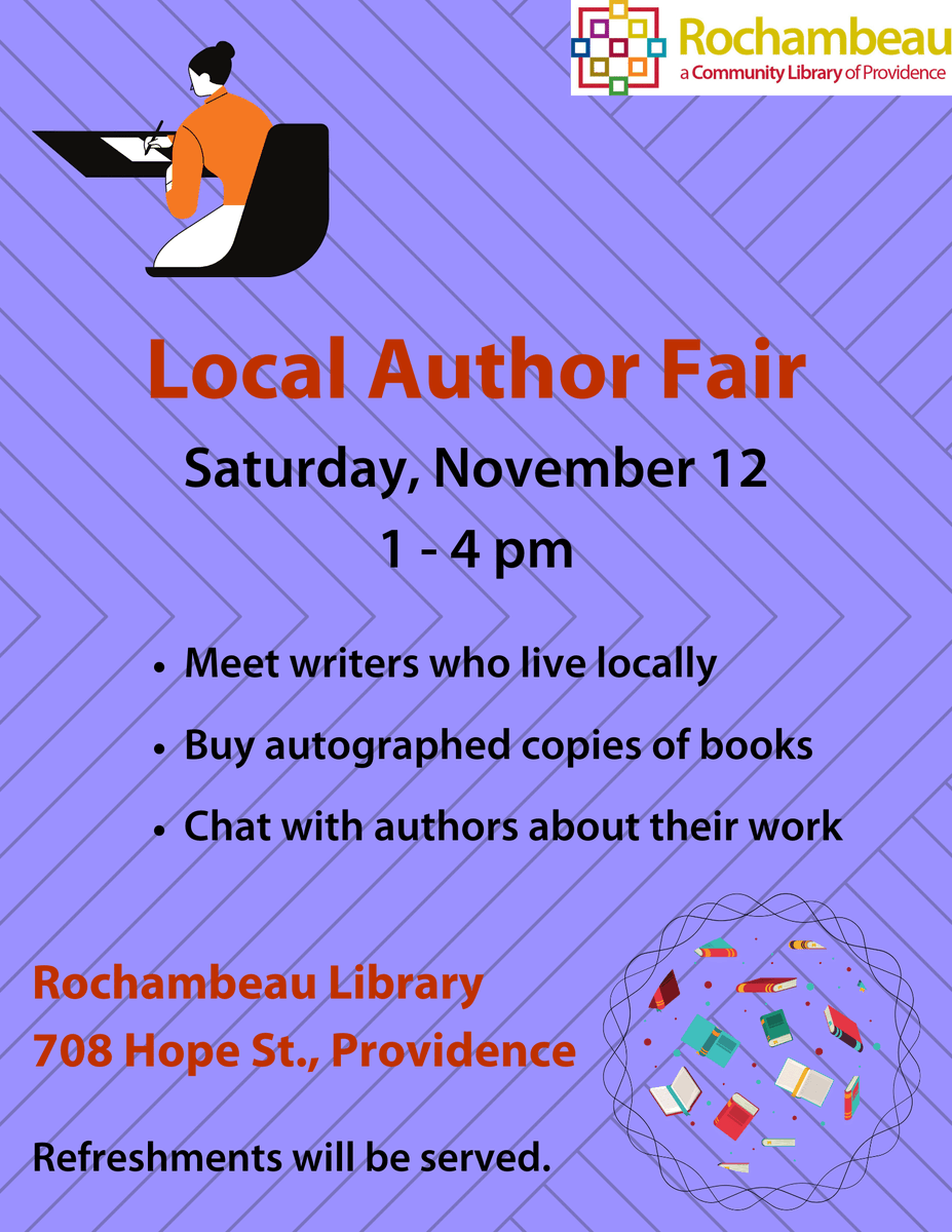 kjaydeee's tweet photo. Folks! Come over to Rochambeau Library in PVD for the Local Author Fair on Sat Nov 12 + say hello! I'll have piles of books from @cementwet @etruscan_press @perseabooks to sign! https://t.co/3LkKcbGN8Q https://t.co/olX11jn2K2