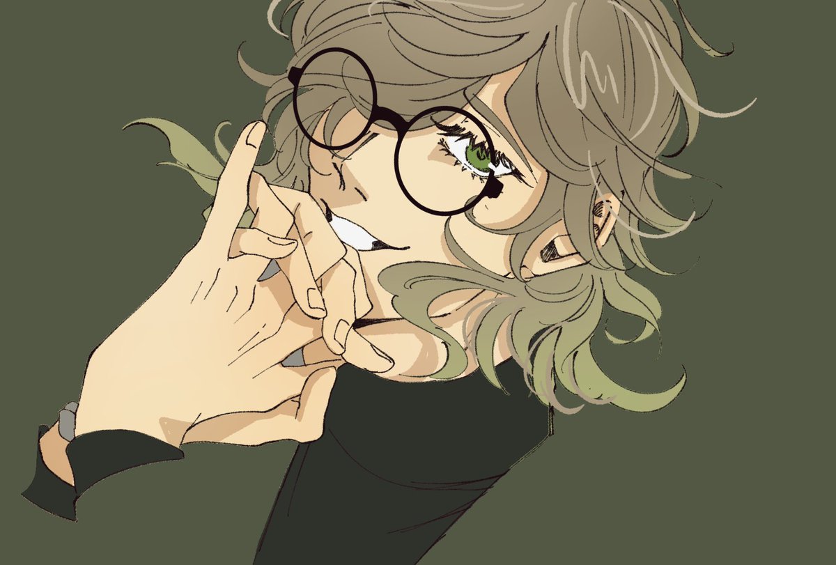 male focus 1boy glasses green eyes solo hair over one eye simple background  illustration images