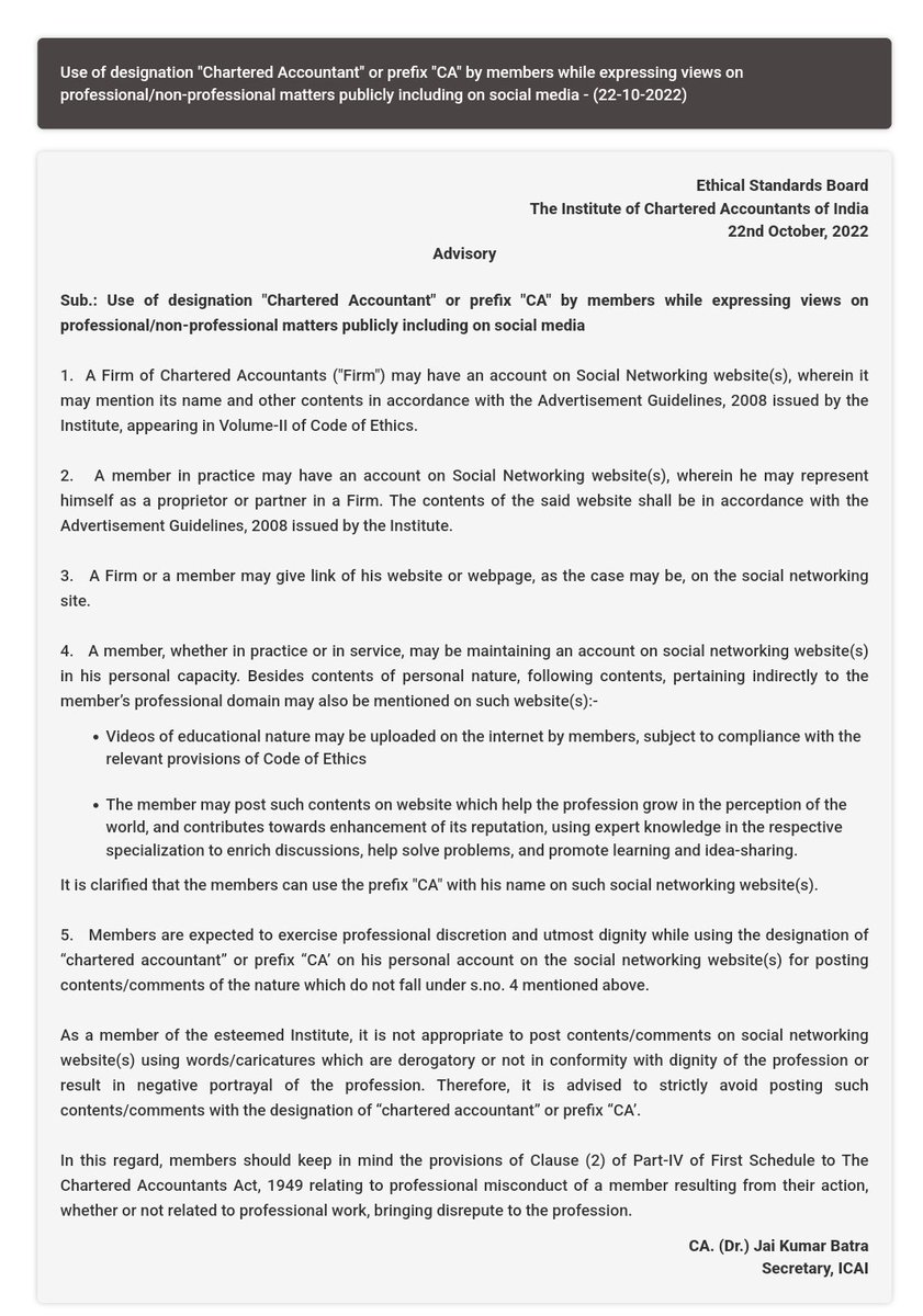 Taxation Updates (CA Mayur J Sondagar) (@taxationupdates) on Twitter photo Advisory on Use of designation "Chartered Accountant" or prefix "CA" by members while expressing views on professional/non-professional matters publicly including on social media
Source <a href="/theicai/">Institute of Chartered Accountants of India - ICAI</a> Advisory on Use of designation "Chartered Accountant" or prefix "CA" by members while expressing views on professional/non-professional matters publicly including on social media
Source <a href="/theicai/">Institute of Chartered Accountants of India - ICAI</a>