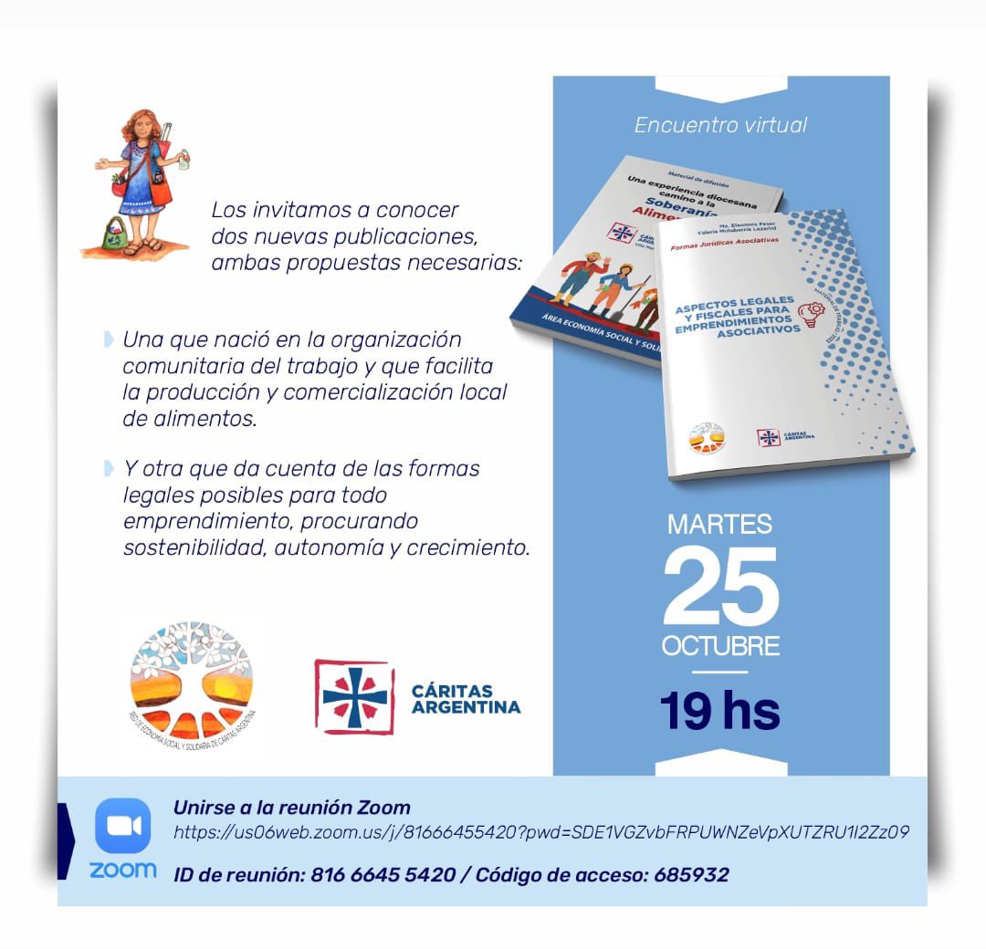 CaritasAR's tweet photo. Desde Cáritas Argentina presentaremos dos publicaciones sobre Economía Social y Solidaria que nos permiten seguir conociendo y pensando alternativas en la construcción de una economía que pone en el centro a las personas, una economía para la Vida.

👉Martes 25 de octubre 19 hs https://t.co/9GmKjQ9iic