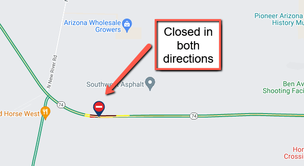 ArizonaDOT's tweet photo. *CLOSURE*
State Route 74 is CLOSED in both directions in Peoria.
The closure is due to a crash at milepost 25 near N New River Road.
Eastbound is closed at Lake Pleasant Parkway. Westbound is closed at 51st Ave.
#SR74 #phxtraffic https://t.co/UZJIC89ie0