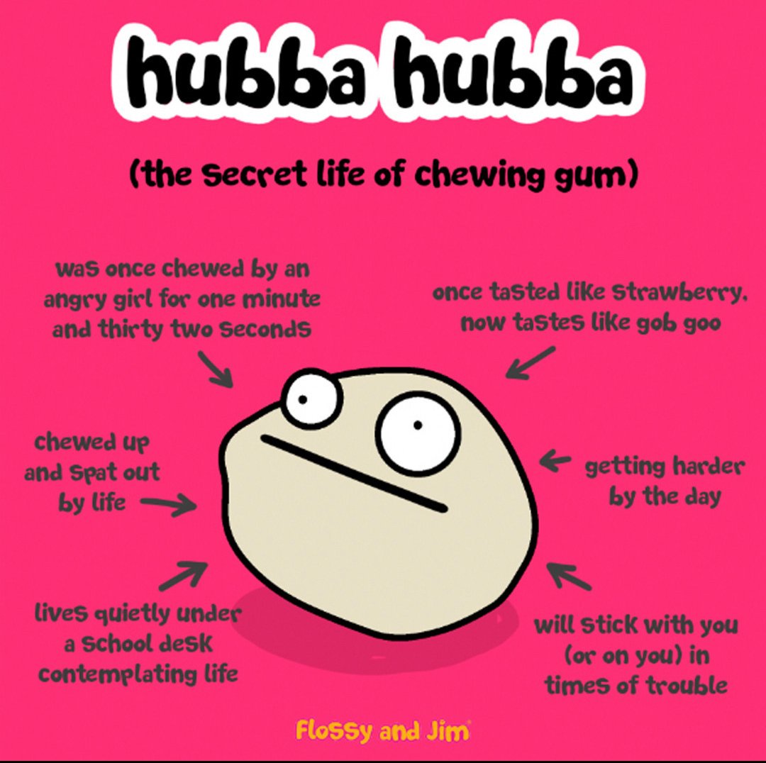 FlossyandJim's tweet photo. Here we have some fascinating facts about the lesser spotted strawberry flavoured chewing gum. You are welcome.⠀
⠀
#chewinggum #bubblegum #life #teenagelife #tweenlife #mentalhealth #bekind #itsoktonotbeok #awks #awkward #friendship https://t.co/S1jJd86wjK