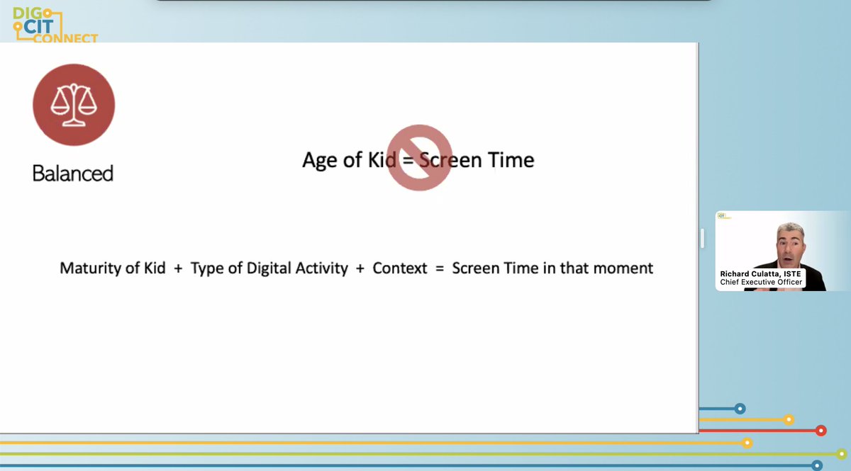 A reminder from @DigForGood at #DigCitConnect that a child's age does not = screen time & three simple tips for maintaining a healthy balance of screen time:

1. Turn off autoplay
2. Turn off notifications
3. Charge devices away from bed

#DigCitLA @iste @ITI_LAUSD