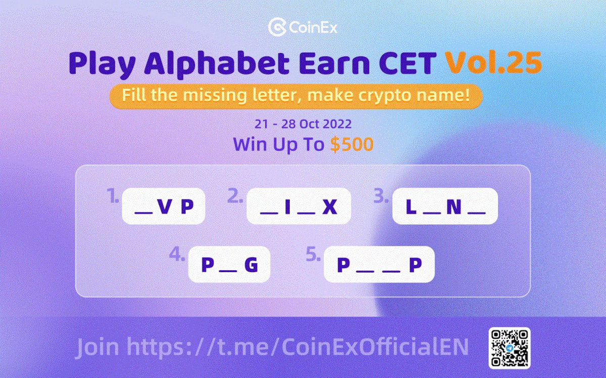 🕹️ Play Alphabet Earn $CET Vol.25 ⏰ 21st - 28th Oct 🎁 Win up to $500 in CET 🔃 Quote tweet with #CoinExRLWC Join here 👉 gleam.io/RTbtI/play-alp… #CoinEx #RLWC2021 #Giveaway