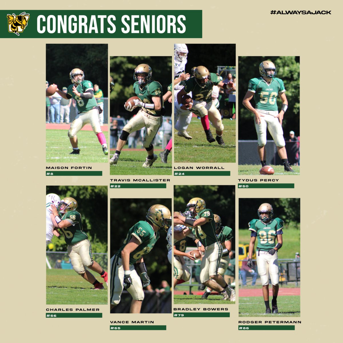 AthleticsWSD's tweet photo. It's Senior Day for the football team. 8 seniors are set to play their last regular season game at McLeay-Royce Field. Thank you to Bradley, Charles, Logan, Maison, Rodger, Travis, Tydus, and Vance. #swarmasone #alwaysajack https://t.co/hb64PxZaBZ