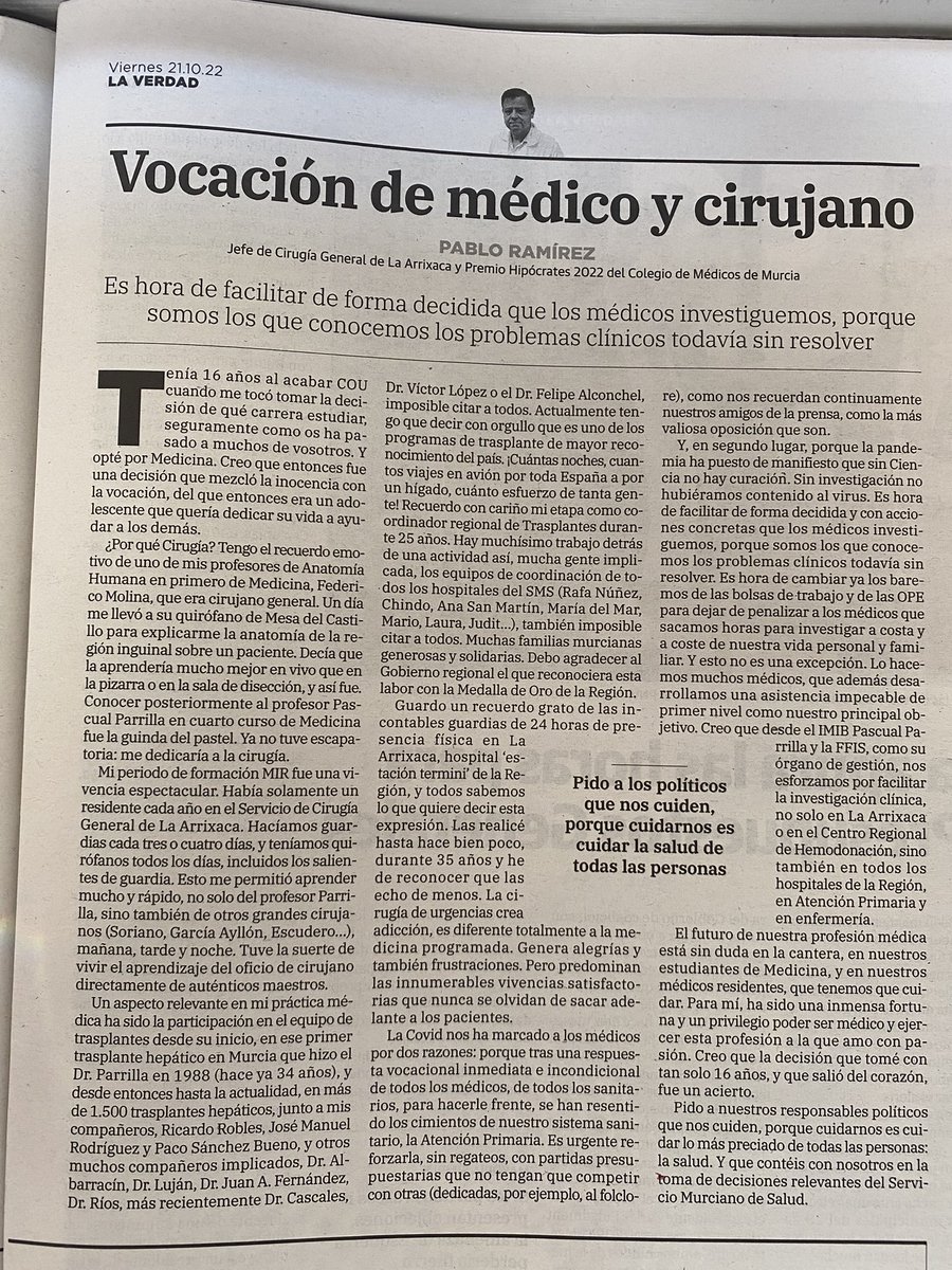 ramirez_cirugia's tweet photo. Cirugía Arrixaca Premio Hipócrates 2022, Gracias!!! @commurcia @aecirujanos @AreaUnoArrixaca @regiondemurcia @umu @IMIB_RMurcia @FFIS_CARM @poncelorenzo1 @psorianocano @SerranoJAntonio @JoseLujanRector https://t.co/wbZ1KwDtcI