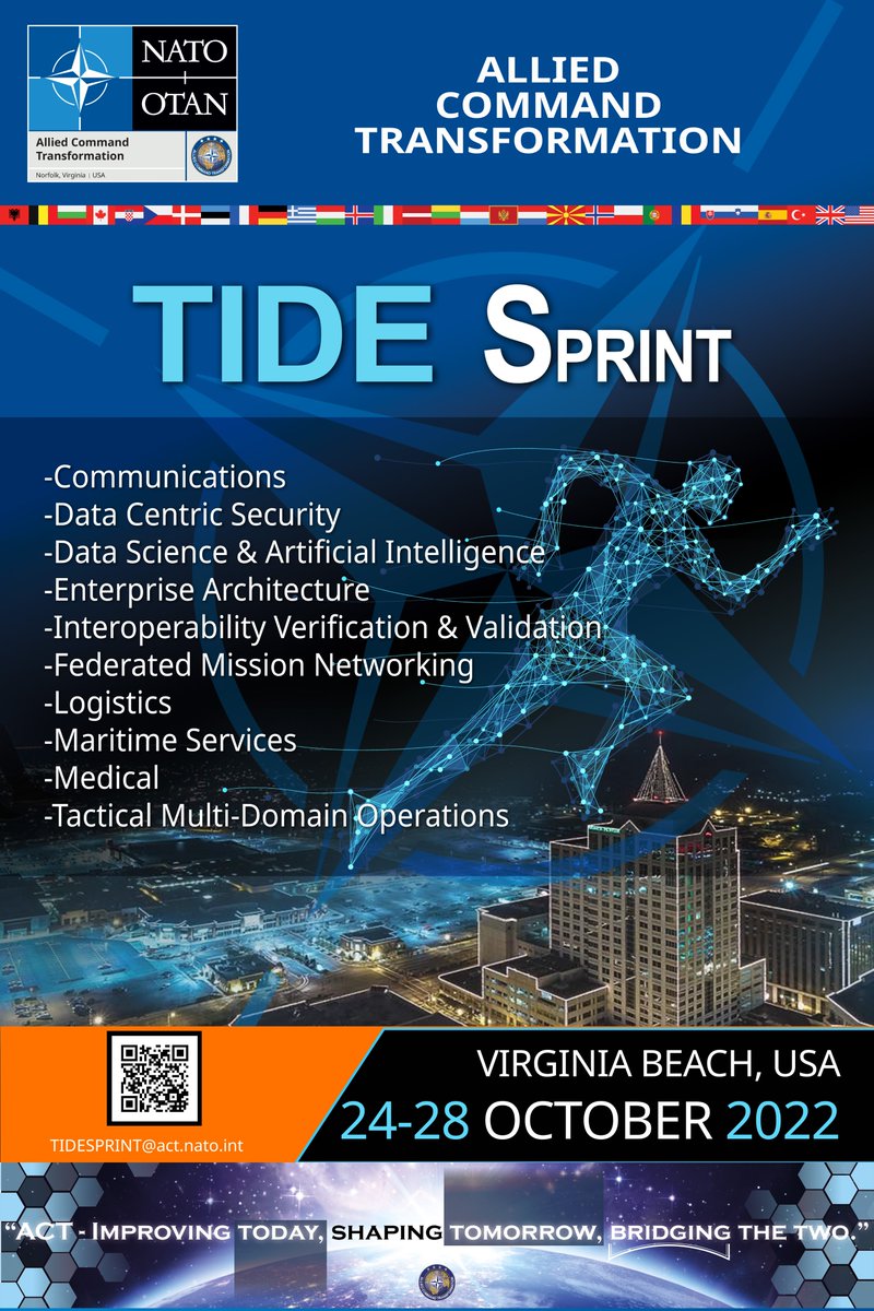 NATO_ACT's tweet photo. #Interoperability is at the heart of every #NATO mission. At #TIDESprint, on 24-28 Oct in Virginia Beach, participants will generate concepts, ideas, &amp; specifications that contribute to a more interoperable, agile, future-proof Alliance.
#WeAreNATO https://t.co/6DPpMbq8BX