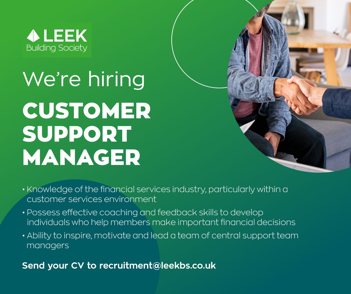 LeekBuildSoc's tweet photo. #Werehiring for a Customer Support Manager to join our top rated building society.

You can view the full job description and apply for the role here: https://t.co/GXMny4Bd8q 

#customersupportmanager #recruiting #customersupport https://t.co/rT12HTuxnU
