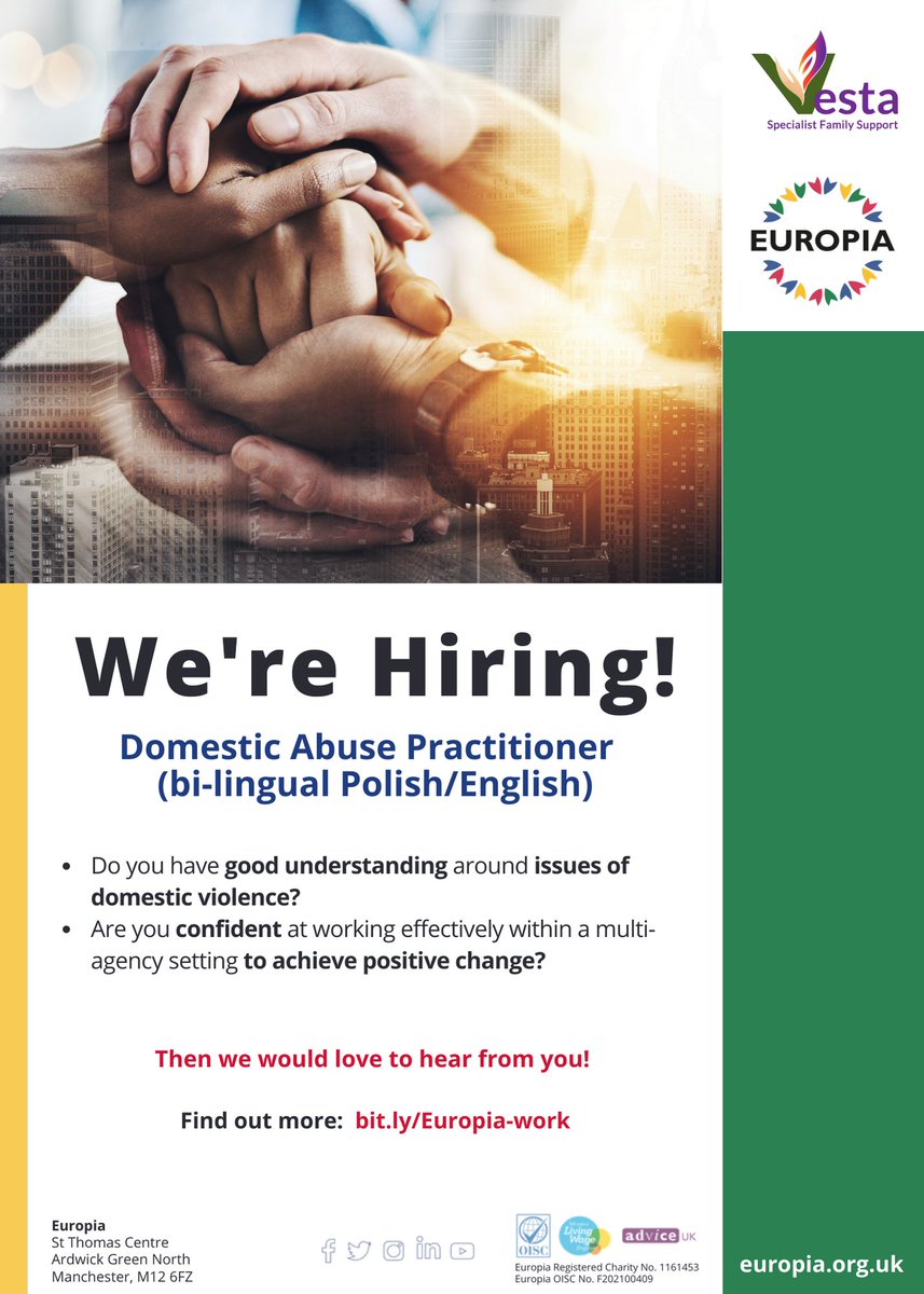 📢We are #hiring secondment to #Vesta.

 A #vacancy for a DOMESTIC ABUSE PRACTITIONER (bi-lingual Polish/English)
 
For more info, please visit our website: bit.ly/Europia-work
 
Closing date: 6th Nov 2022
Interviews: w/c 14th Nov 2022
 
Apply now

#hiring #charity #work