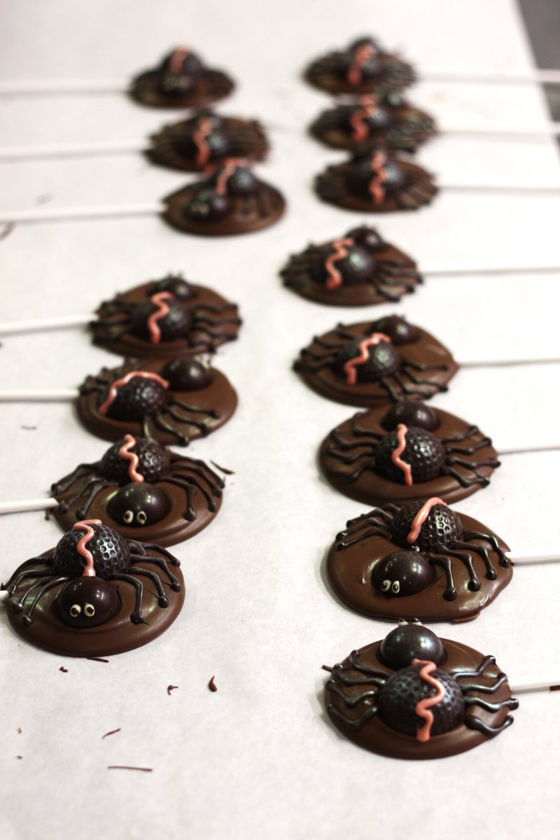 Spider lollies for Halloween. I find them a bit creepy lined up on the table! Made this morning from the finest Belgium chocolate!