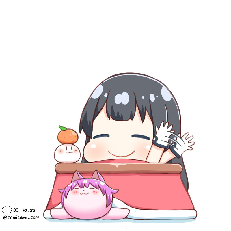 agano (kancolle) ,tama (kancolle) kotatsu table mandarin orange food :3 fruit black hair  illustration images