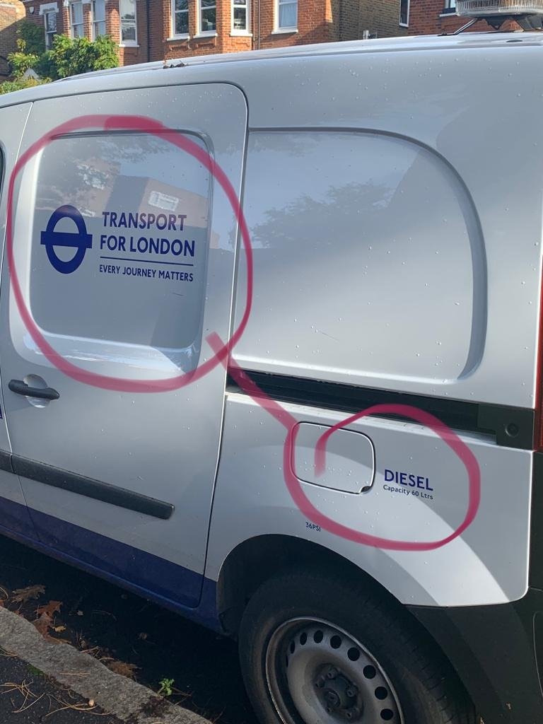 Tony_Devenish's tweet photo. TfL following @SadiqKhan's example of talking green rather than acting green. The @MayorofLondon taking unnecessary flights to Argentina &amp; TfL still running diesel vehicles whilst the Mayor is trying to force diesel drivers off the road with his ill-considered ULEZ expansion. https://t.co/5geadOhsJm
