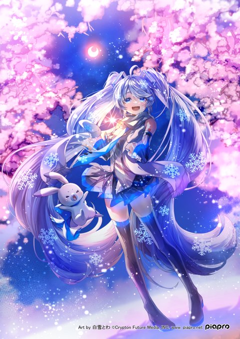 ひろはこ×雪ミクコラボで描かせていただきました!弘前のさくらライトアップに涙する雪ミクちゃんとユキネさん!よろしくお願いします～! 