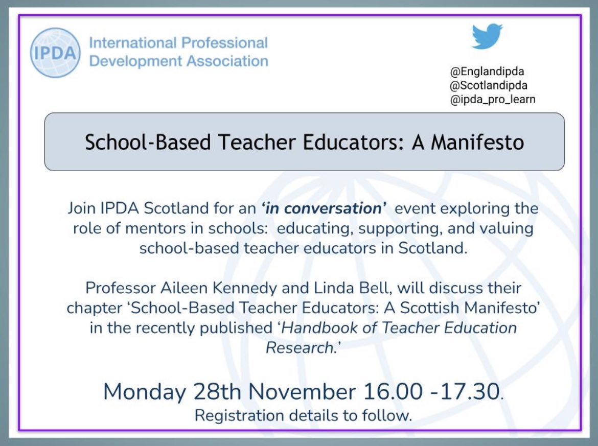 Upcoming event ‘in conversation’ event on Nov 28th 4-6pm. @DrAileenK and @Lindabell15 will discuss their latest chapter ‘School-based teacher educators: a Scottish manifesto’. Save a spot on your diaries, more details soon.