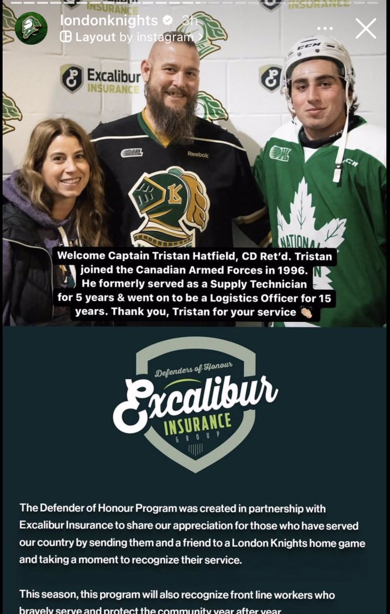 The <a href="/ExcaliburGroup/">Excalibur Insurance Group</a> is excited to partner with the <a href="/LondonKnights/">London Knights</a> of the <a href="/OHLHockey/">Ontario Hockey League</a> league for another season for our defender of honour program. If you have served our country or are a frontline healthcare worker apply with this link londonknights.com/the-excalibur-… #defenderofhonour