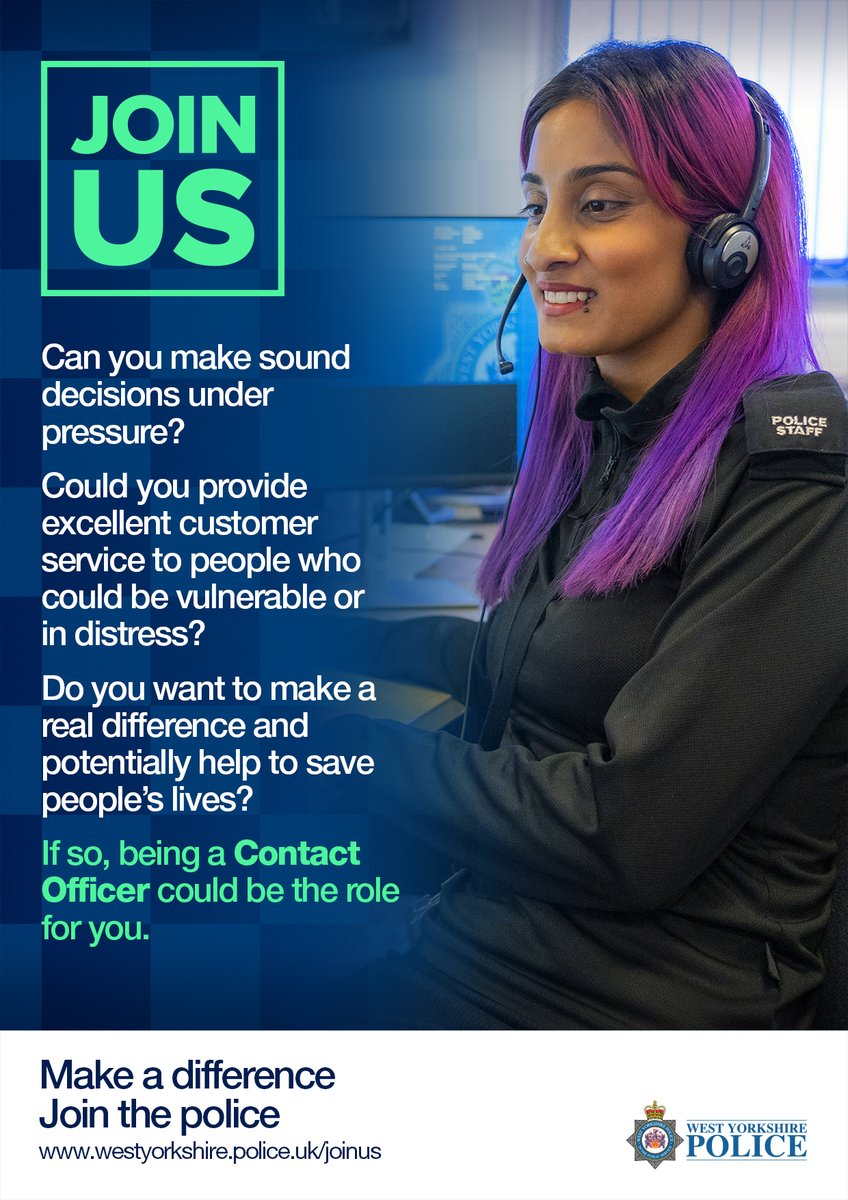 'West Yorkshire Police, what's your emergency?' Recruitment for call handlers in our Contact Centre, is open now. This is an exciting opportunity where you will be making a difference every day. Find out more at: westyorkshire.police.uk/jobs-volunteer…