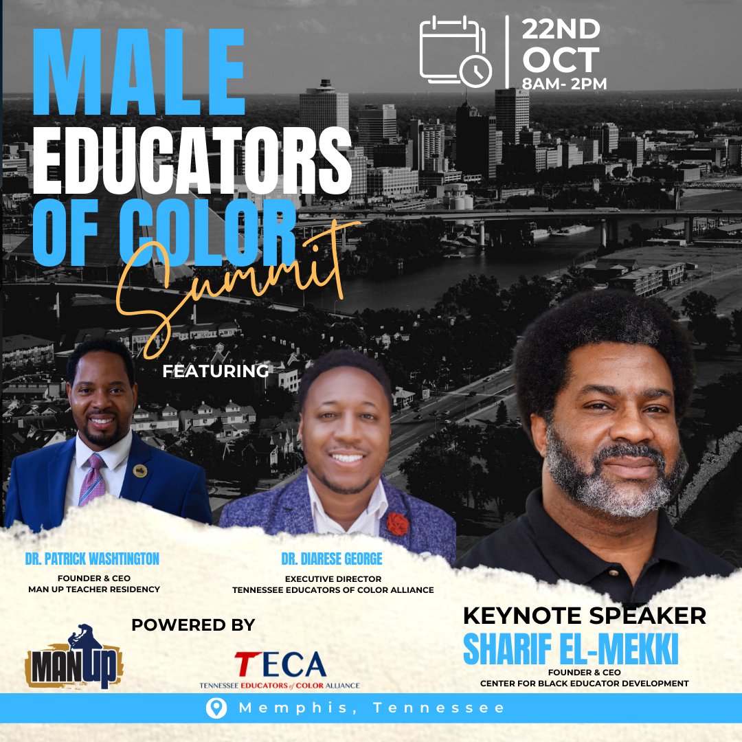 TNEdColorAllies's tweet photo. Today!!!
Can't wait to see you all at @Crosstownconcourse for our Male Educators of Color Summit.
Thank you to our partners @Manupteach901
#TNEducatorsofColor #MaleEducatorsofColor #Memphis #TECA #LeadershipDevelopment #PersonalDevelopment https://t.co/Gdc2jvrBAV