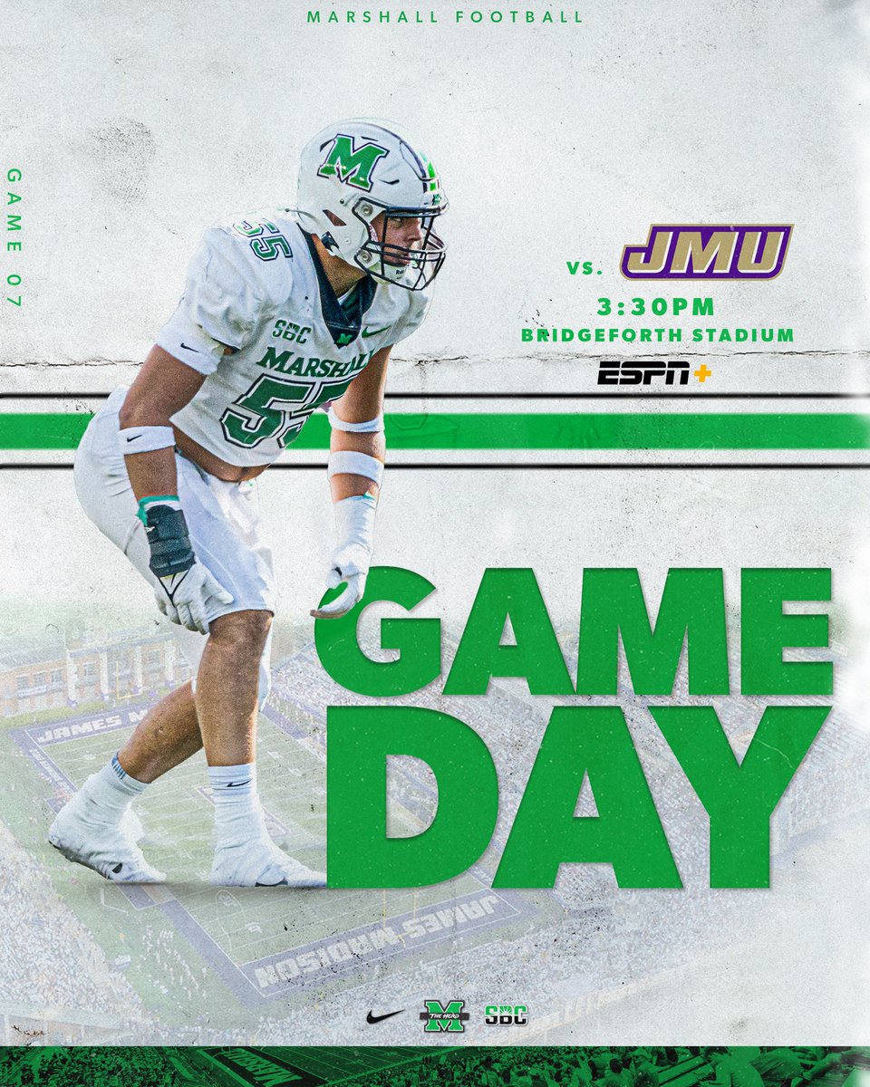 GET UP! IT’S GAME DAY! 🦬

🆚: JMU
📍: Bridgeforth Stadium
⌚️: 3:30 PM
📺 : ESPN+
📊: SideArm 

#WeAreMarshall