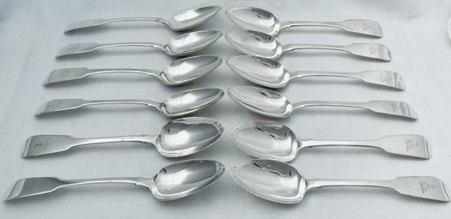 BassetlawA's tweet photo. A George IV set of twelve Irish silver tablespoons. Hallmarked for Dublin 1825 - 28 by William Cummins. #antiques #silver #Irishsilver https://t.co/wsisJsT1TX