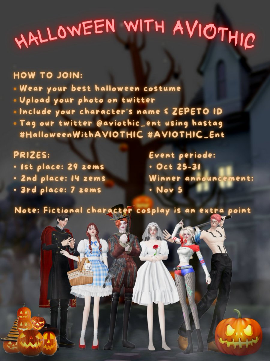 aviothic_ent's tweet photo. Hello, guys! This is AVIOTHIC Ent's very first event. Join us and get a chance to win some prizes we provide for you🤩
RT + Like this tweet so everybody can join together, thank you! 🧡🎃

This event is for ZEPETO INA only 🇮🇩

#AVIOTHIC_Ent #HalloweenWithAVIOTHIC https://t.co/P7GrqbTJQE