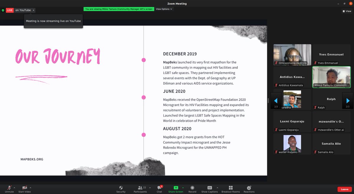 Starting an Open Mapping Community can be challenging but listening to the experiences of pioneers helps. Check out the journey of <a href="/mapbeks/">mapbeks</a> started by <a href="/mikkotamura/">Mikko Tamura</a> or join us via live stream.😊
