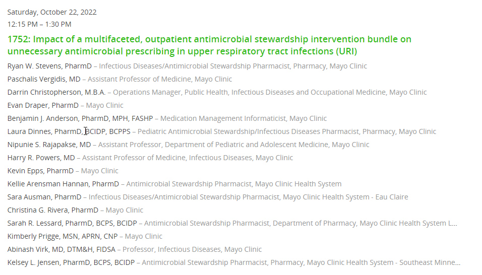 Mayo Clinic Infectious Diseases (@mayoclinicinfd) on Twitter photo Dr. <a href="/Stevens_AK/">Ryan Stevens</a> will present the abstract “Impact of a multifaceted, outpatient antimicrobial stewardship intervention bundle on unnecessary antimicrobial prescribing in upper respiratory tract infections” at #IDWeek2022 <a href="/MayoPharmRes/">Mayo Clinic Pharmacy Residency Programs</a> @MsSmallsO @PascalisID <a href="/AbinashVirkMD/">Abinash Virk</a> Dr. <a href="/Stevens_AK/">Ryan Stevens</a> will present the abstract “Impact of a multifaceted, outpatient antimicrobial stewardship intervention bundle on unnecessary antimicrobial prescribing in upper respiratory tract infections” at #IDWeek2022 <a href="/MayoPharmRes/">Mayo Clinic Pharmacy Residency Programs</a> @MsSmallsO @PascalisID <a href="/AbinashVirkMD/">Abinash Virk</a>