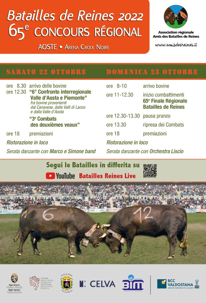 AmisdesReines's tweet photo. È iniziato questo weekend di #batailles e festa!
👉🏻 22/10: 6^ confronto interregionale VdA e Piemonte; 3e combats des deuxièmes veaux 
👉🏻 23/10: 65e Finale Régionale Batailles de Reines 
Vi aspettiamo all’Arena Croix Noire!!! https://t.co/etFJQOKgmJ