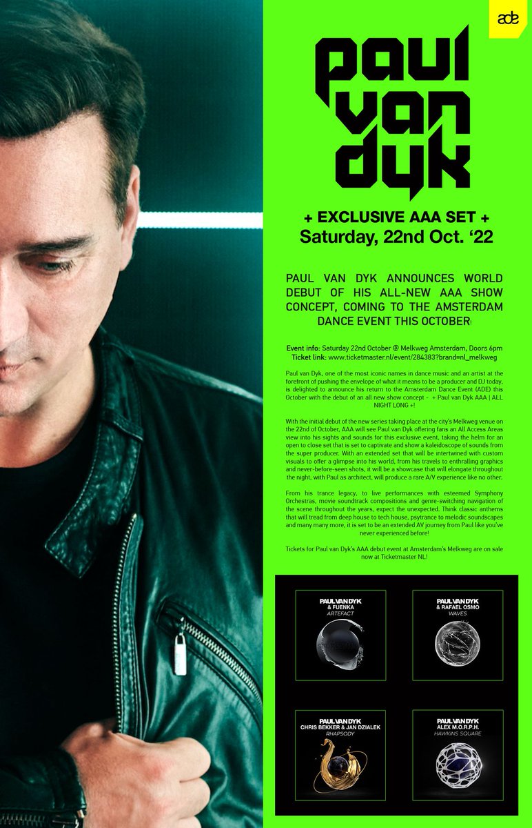 The debut of 'AAA by Paul van Dyk' is SOLD OUT! Looking forward to a great show tonight at @melkweg #Amsterdam #ADE