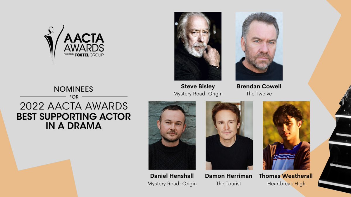 AACTA's tweet photo. The nominees for the 2022 AACTA Award for Best Supporting Actor in a Drama are #SteveBisley, #BrendanCowell, #DanielHenshall, #DamonHerriman, and #ThomasWeatherall

#AACTAAwards https://t.co/lWXxXZ0SLc