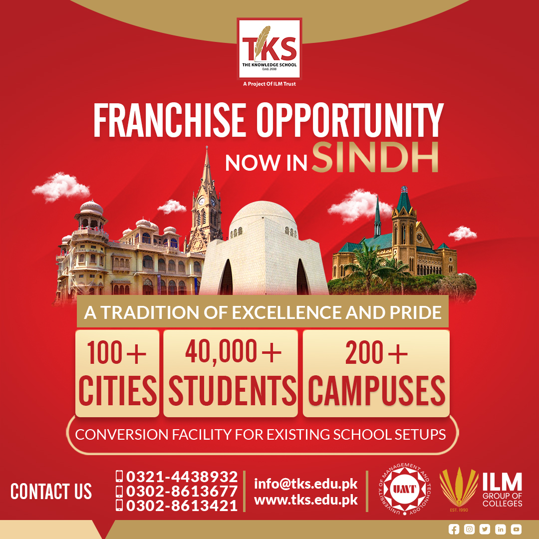 tksHeadOffice's tweet photo. After the successful achievement of 100+ cities, 200+campuses, 40,000+students in Punjab.
TKS is now opening new branches in Sindh. You can also become our school owner.
Franchise available
Contact us for further details:
0321-4438932
0302-8613677
0303-8613421 https://t.co/pbJMuczVkH