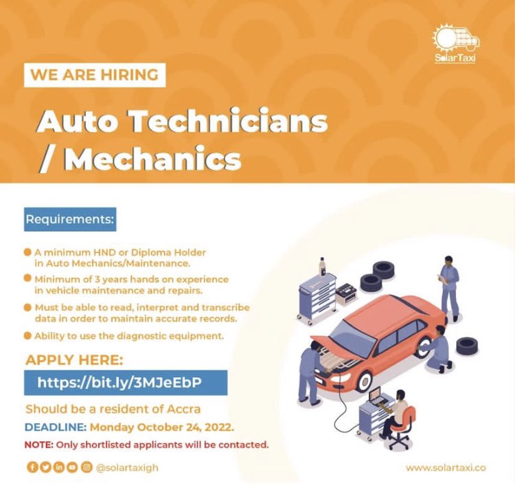 BGapgh's tweet photo. Solar Taxi Ghana is hiring. Kindly apply if Interested.

Link to the Auto Technicians
/ Mechanics opportunity
https://t.co/OuFlSkZp6o

#BridgeDaGapGh #BTG #Hiring #SolarTaxi #GirlsPower #CareerPath #womenempowerment https://t.co/kcJXnPhd9Z