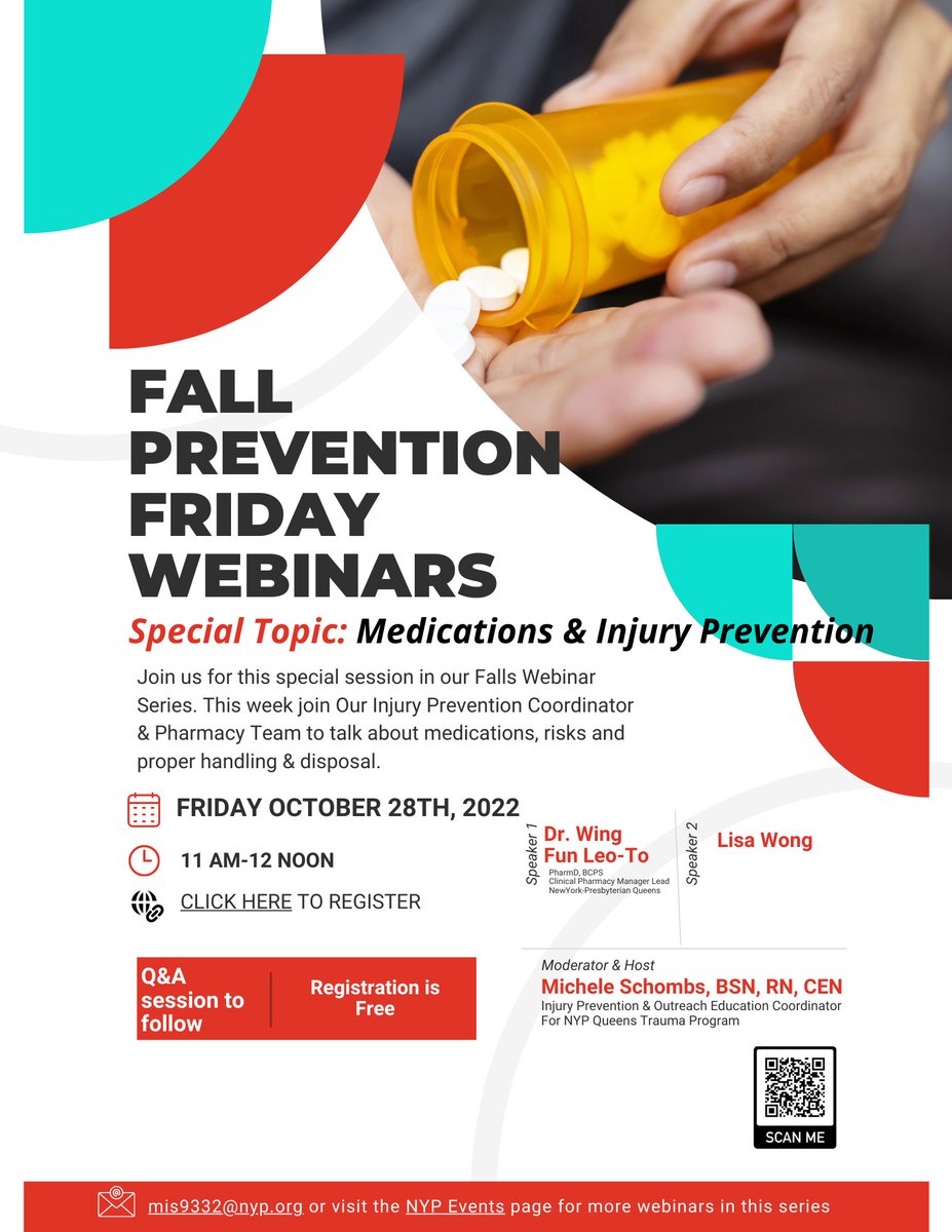October is Talk About Your Medication Month. Medication can increase you risk for Injury. So NYP Queens Trauma Team has joined with the Pharmacy Team to deliver a special session in our Webinar series. Join Us Friday 10/28 from 11a-12p to talk about your medications. <a href="/nyphospital/">NewYork-Presbyterian</a>