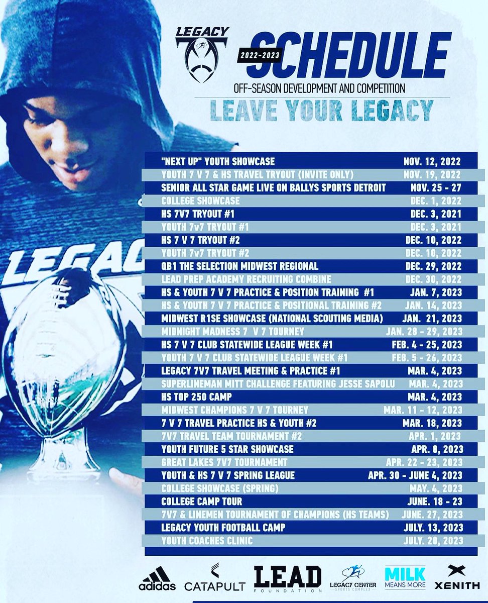 2022-2023 Legacy Football Off Season Development & Competition Calendar! 7v7 Clubs, Leagues, Tourneys, Training, Camps & Showcases! Register at legacyfootballorg.com