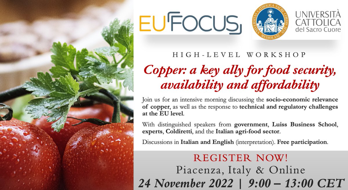 🚨JOIN US!
Workshop: "Copper: a key ally for food security, availability and affordability", organised by UniCattolica &amp; EU Focus
📆24 November 2022 | 9h - 13h CET
📍Piacenza &amp; Online
🖇️Register here: lnkd.in/e4ty9jcG
#copper #foodsecurity #organicagriculture #pesticides