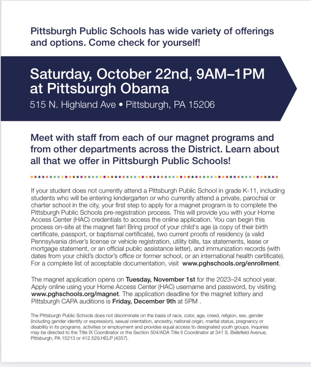 Today is the day for the PPS Magnet Fair today at Barack Obama Academy of International Studies 6-12 located at 515 N. Highland Ave from 9am-1pm. Meet with staff and get more information about all of the magnet programs we offer!