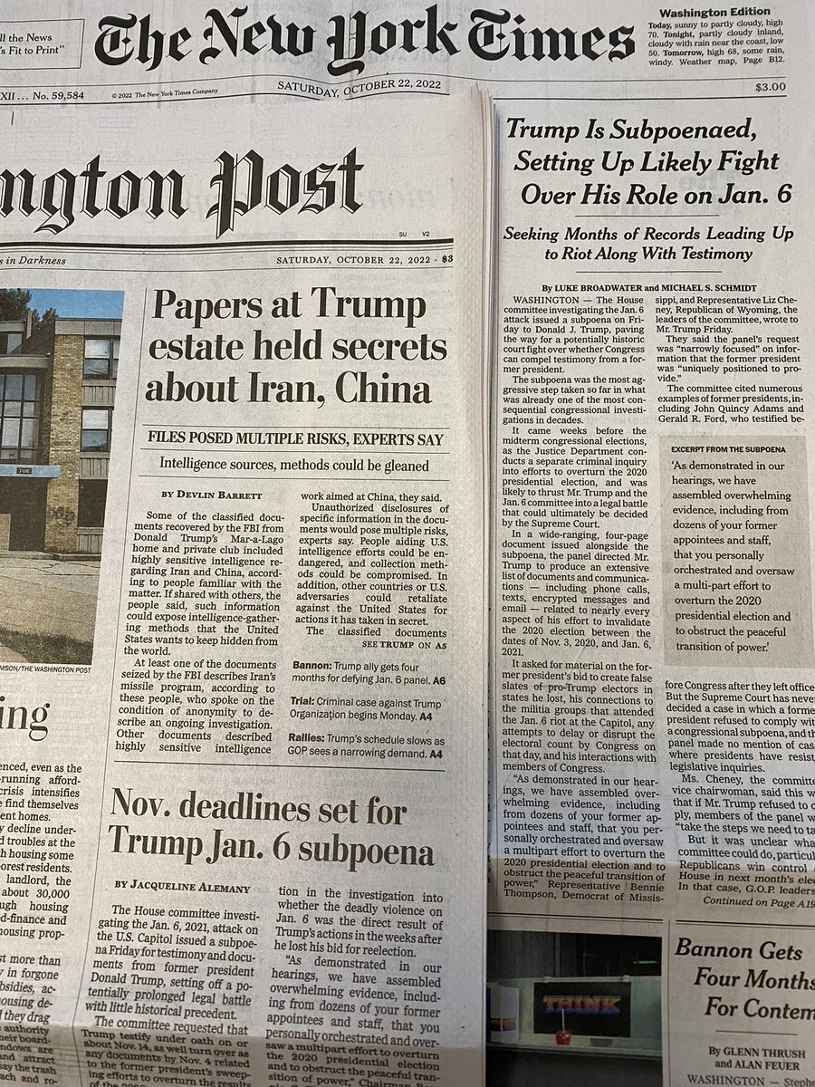 wolfblitzer's tweet photo. The lead front page headlines in the Saturday morning print editions of the @nytimes and @washingtonpost focus on more bad news for former President Trump. https://t.co/QCNeGhR4U7