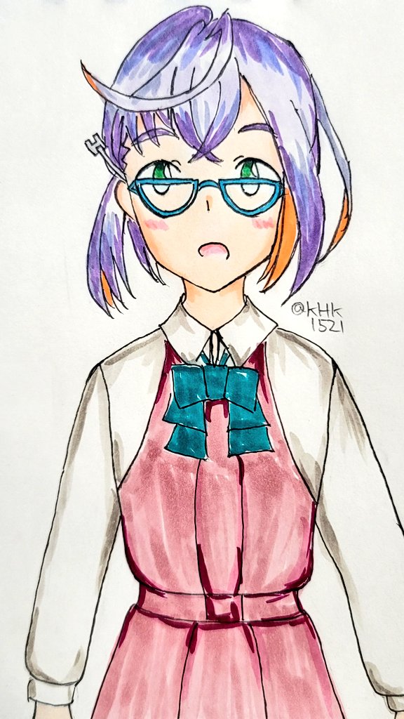 okinami (kancolle) 1girl solo glasses short hair green eyes school uniform blue-framed eyewear  illustration images