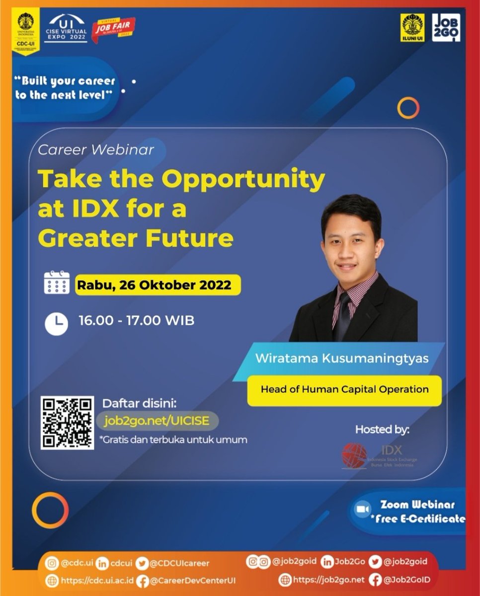alumniUI's tweet image. Topik: Take the Opportunity at IDX for a Greater Future
Pembicara:
- Wiratama Kusumaningtyas (Head of Human Capital Operation)
Hari/tanggal: RABU, 26 OKTOBER 2022
Waktu: 16:00 - 17:00 WIB
Media: Zoom Webinar
Link pendaftaran: job2go.net/UICISE