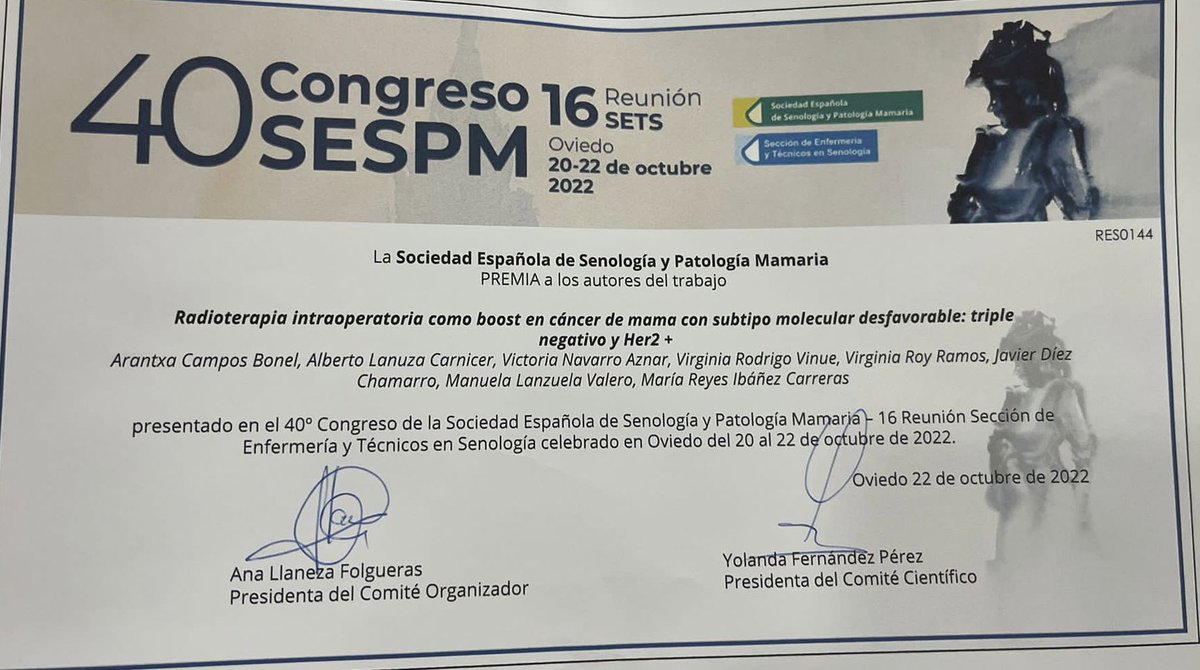 aranchaeraso's tweet photo. Felicidades a @arantxa_campos, @reyesibanez y todo su equipo por el premio a uno de los mejores trabajos en @sespm. Radioterapia intraoperatoria como boost en pacientes con cáncer de mama con factores desfavorables. https://t.co/B4gy2TPJ6f