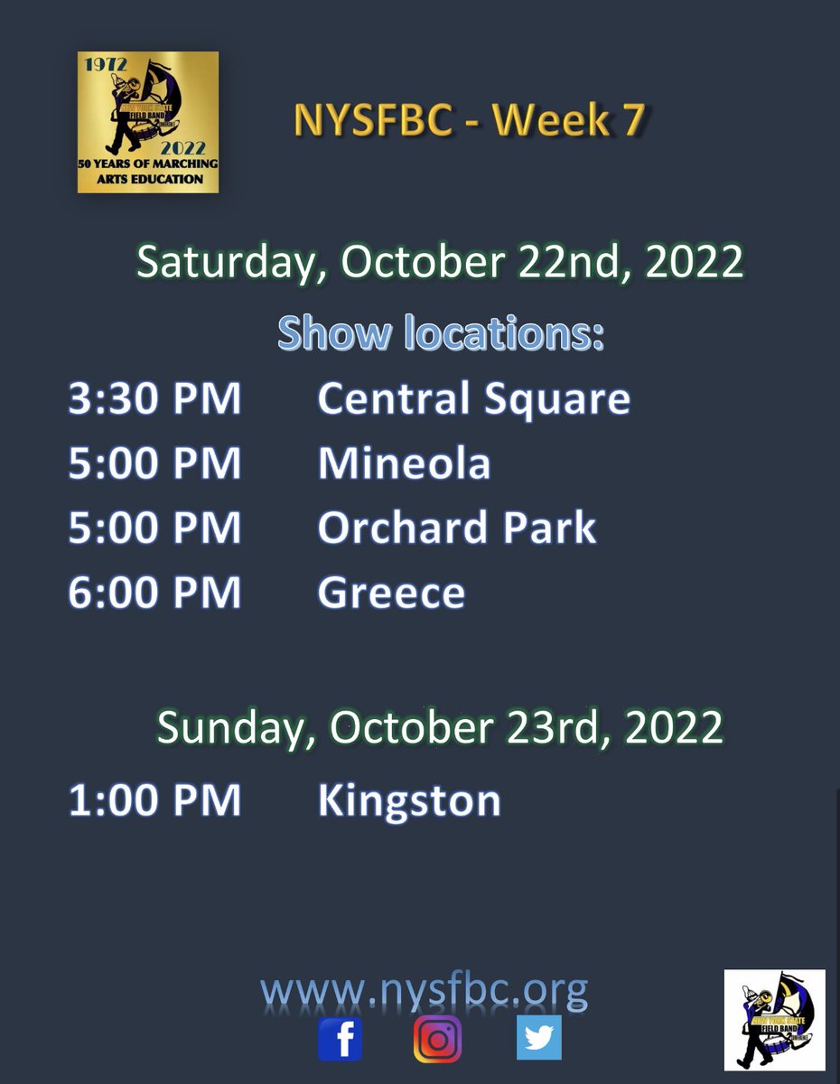 Week 7! Only one more week until championships! Good luck to all performing bands today! #NYSFBC2022 #50years