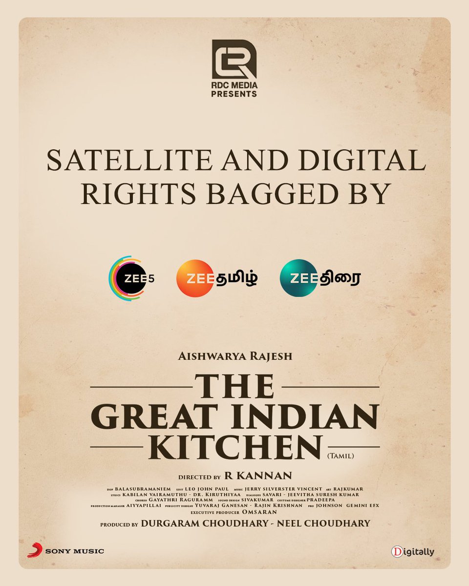 #TheGreatIndianKitchen (Tamil) Satellite and Digital rights have been acquired by @ZeeTamil @zeethirai @ZEE5Tamil Trailer From #Diwali 🥳🎉 Directed by @Dir_kannanR Produced by Durgaram Choudhary, Neel Choudhary @RDCMediaPvtLtd @aishu_dil @23_rahulr @balasubramaniem