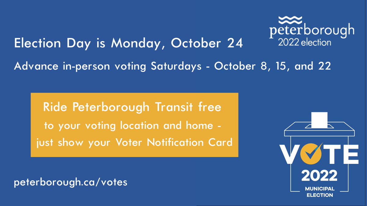 CityPtbo_'s tweet photo. Heading out to vote in the municipal election in-person?

On Election Day and Advance Voting Days you can ride Peterborough Transit free to your voting location and home - just show your Voter Notification Card when you're boarding the bus.

https://t.co/pysRTrgA5u https://t.co/EVZlXaaZMW
