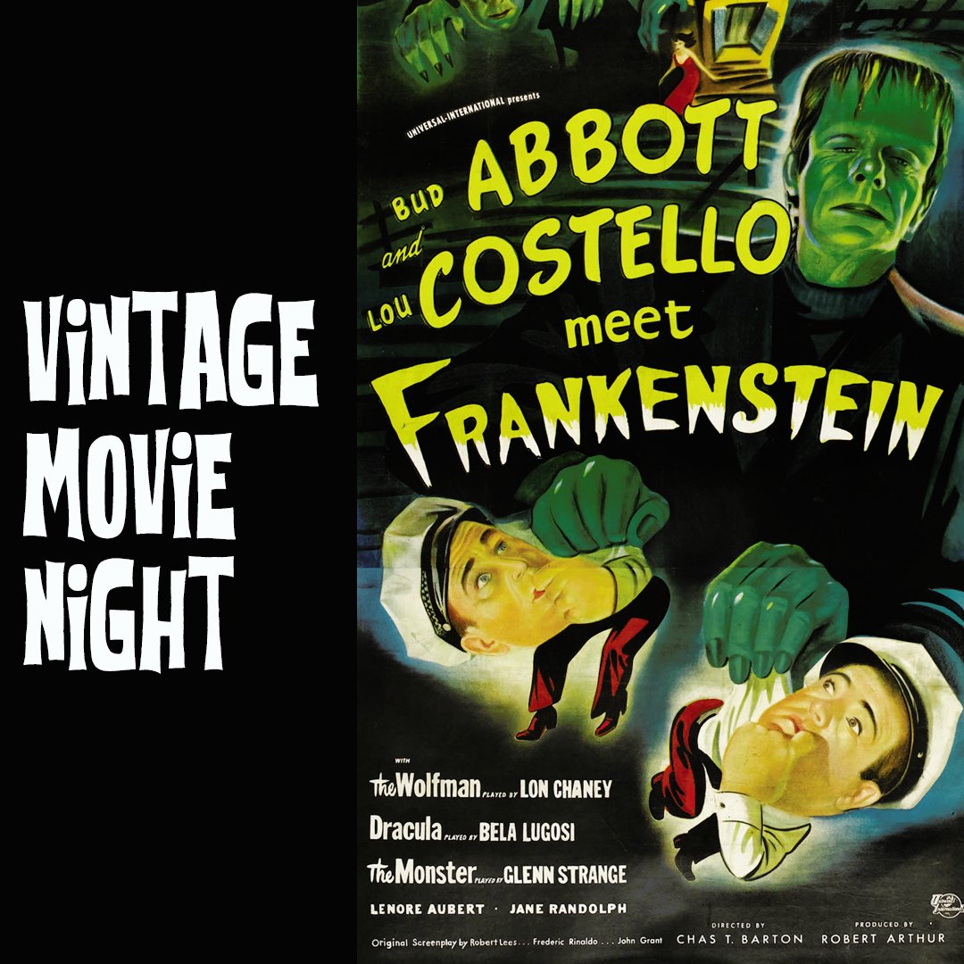 Today is the day for Vintage Movie Night! Drop-in tonight, October 22 at 8 PM for Abbott and Costello Meet Frankenstein (1948). No pre-registration required; guests will pay $5/each at the event and concessions are available for $1/each. Visit the link in bio for more info.