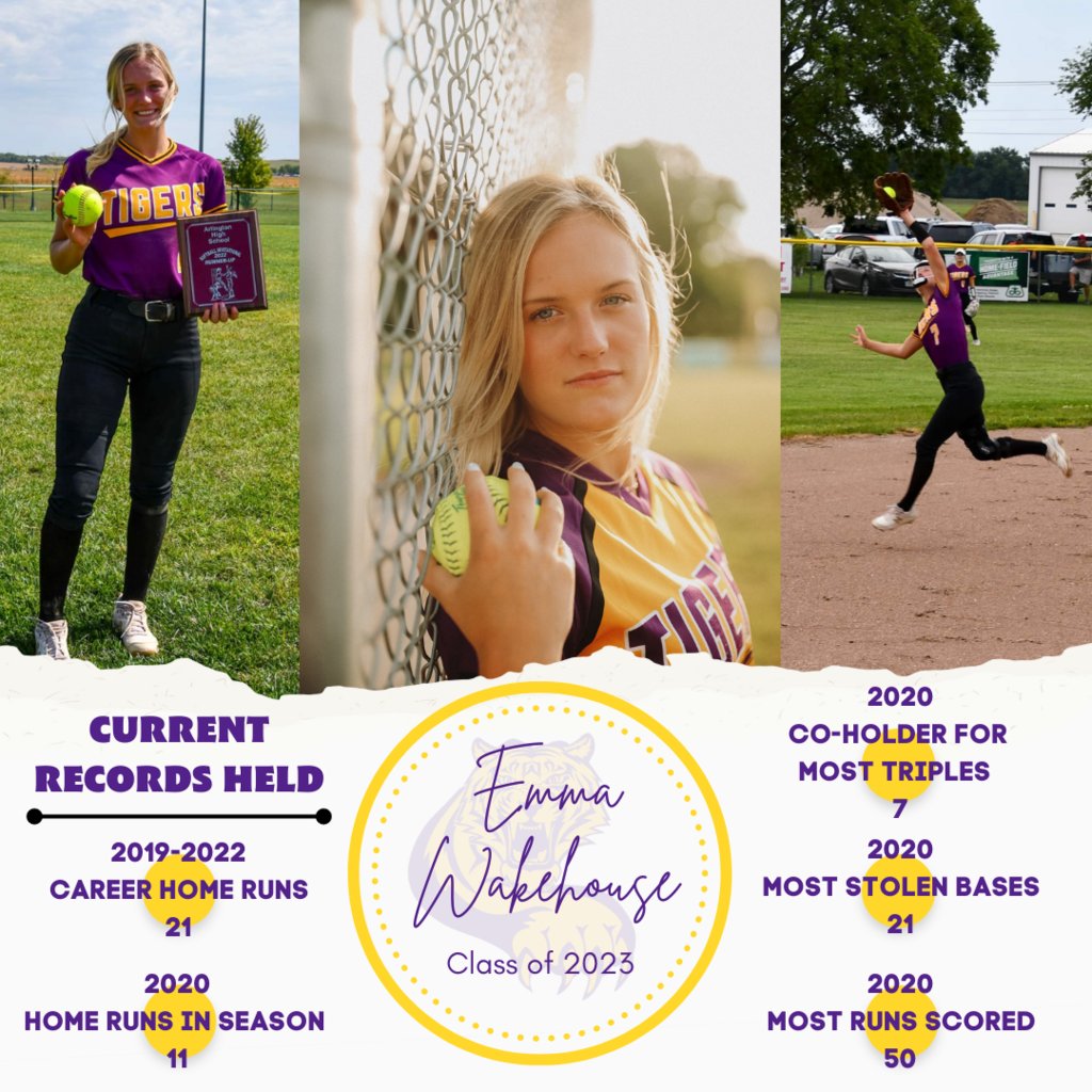Shout out to senior Emma Wakehouse for breaking her own school record!  She hit 21 career home runs from 2019-2022.  Emma holds 5 total school records for softball.